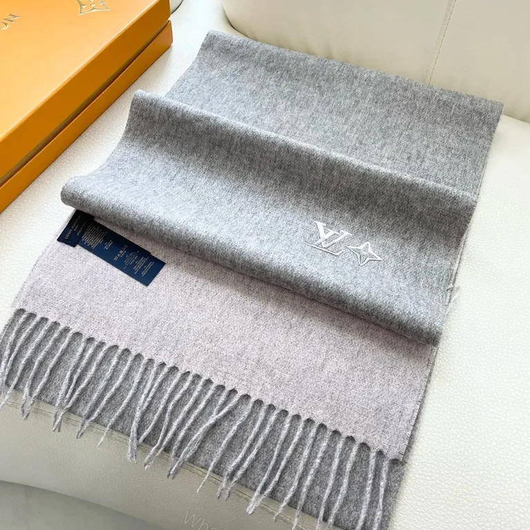 View 2 of Soft Luxury Scarf - Knit, Fringe, LV-Influenced Emblem - 5 Colors - 60s Luxe