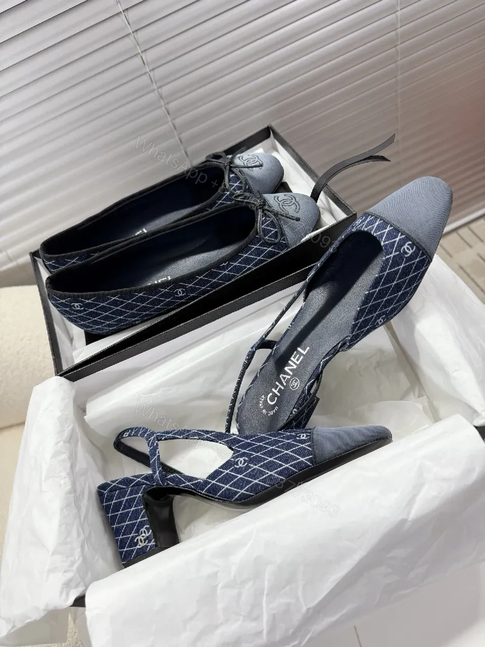 View 9 of Textured Denim-Pattern Pumps with Signature Details