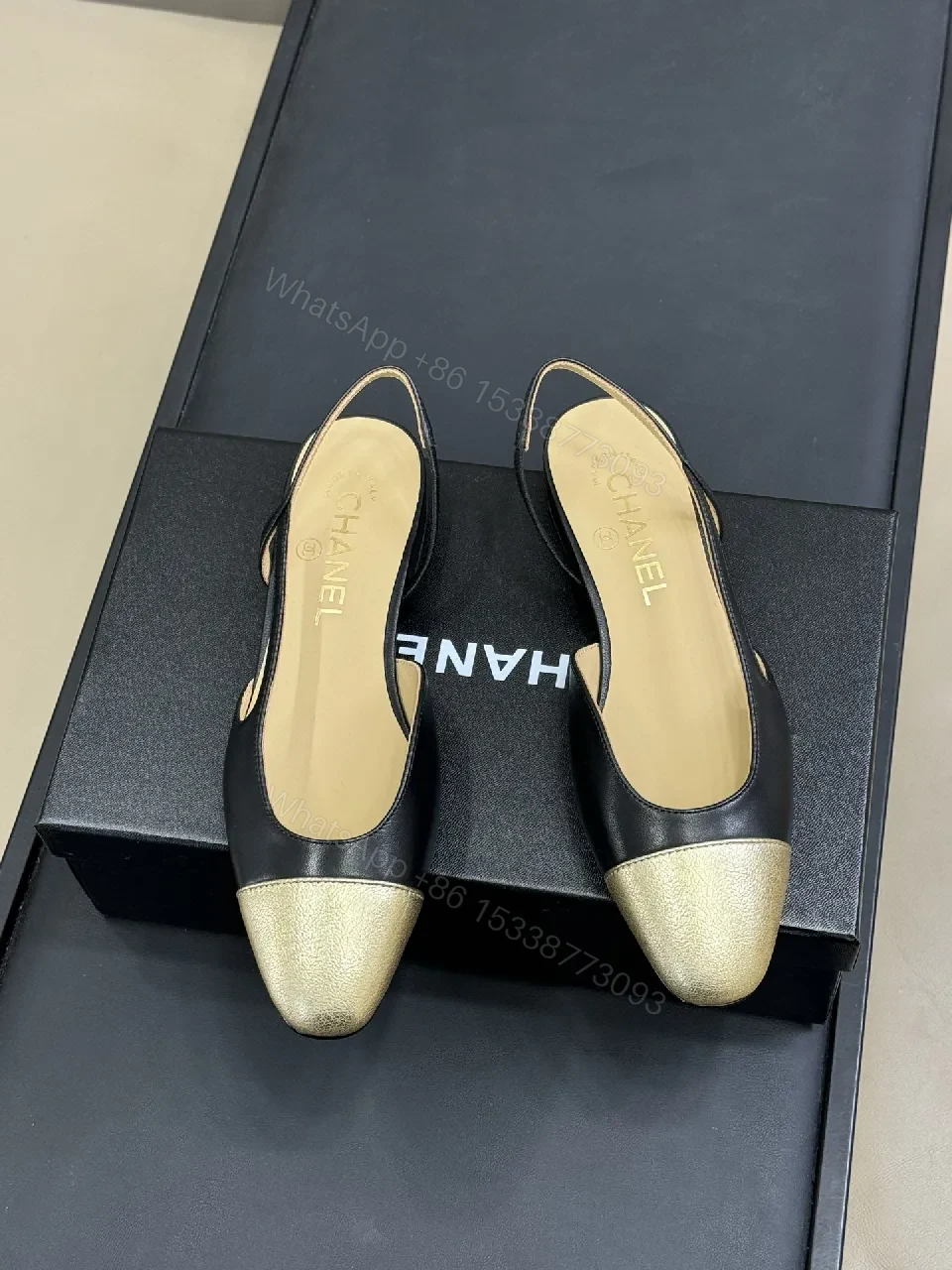 View 5 of Gold-Toe Slingback Pump: Black Leather, Open-Back, All-Day Comfort