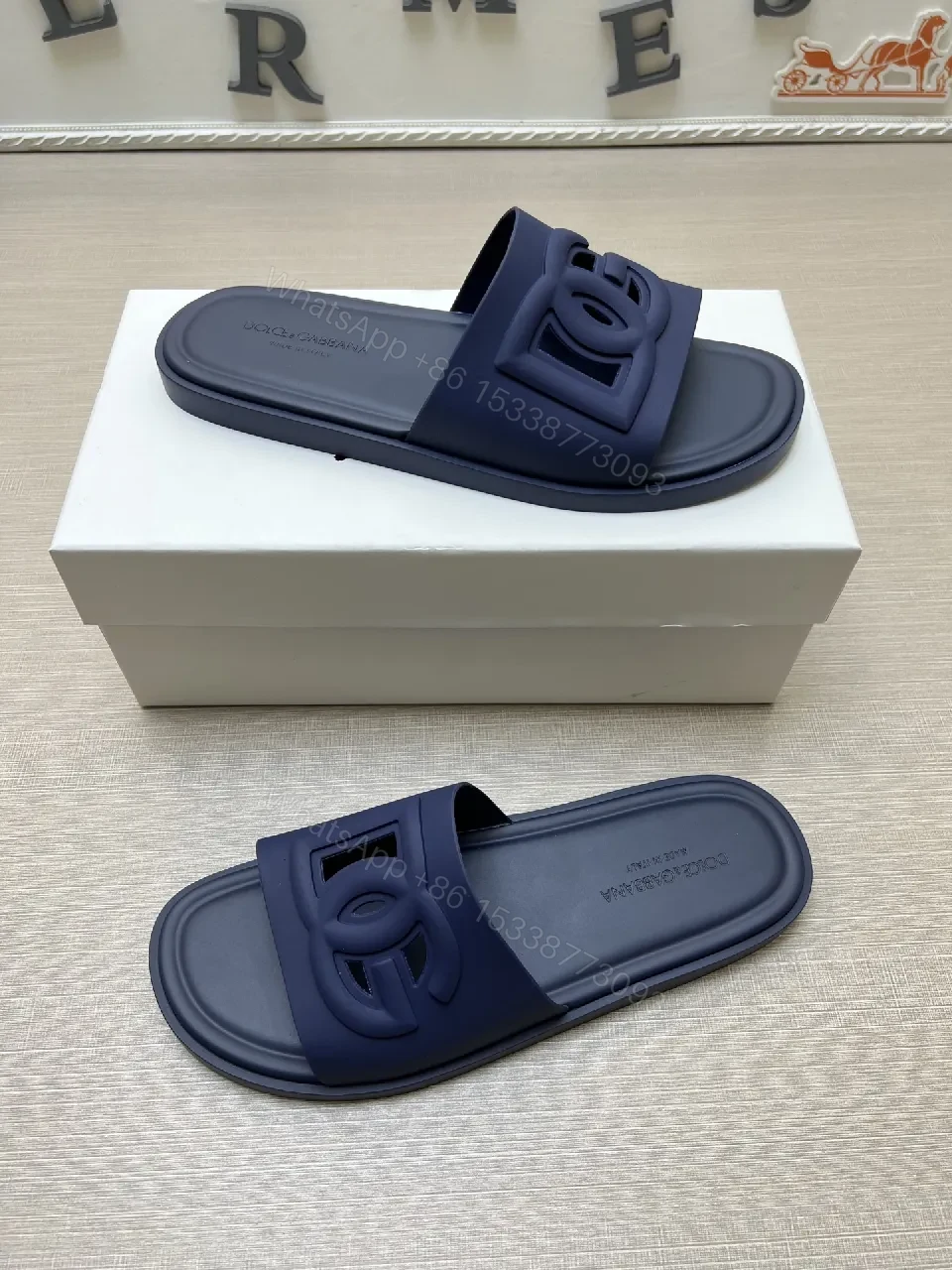 View 5 of Navy Slide Sandal: Premium Leather-Trim, Cushioned Comfort