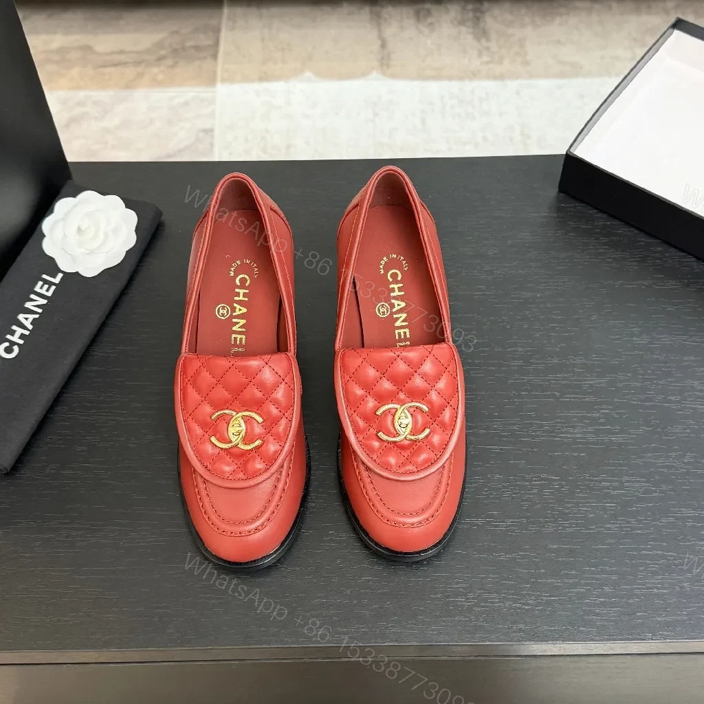 View 6 of Red Leather Quilted Loafers with Gold Crest, Luxe Everyday Elevation