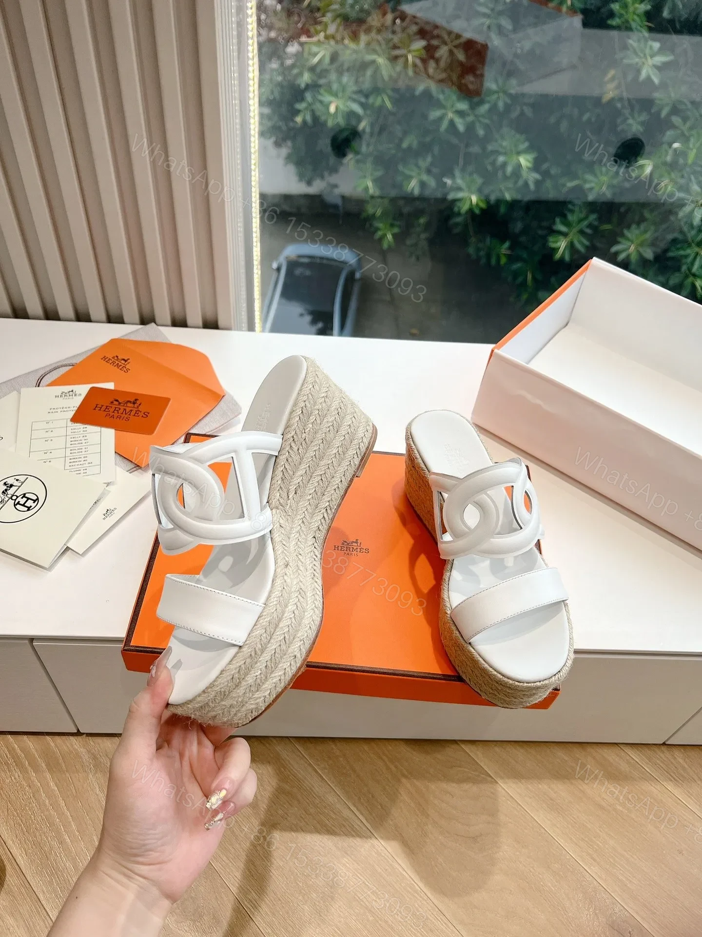 View 6 of Hermes Women White Leather Espadrille Sandals