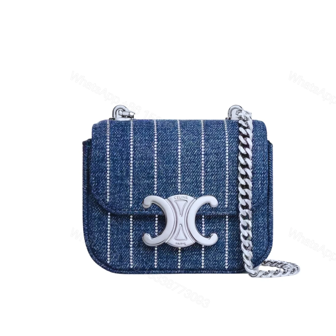 CELINE MINI CHAIN CLAUDE IN STRIPED DENIM WITH STRASS BLUE 12CM 10L842GGJ 07DD — view 1