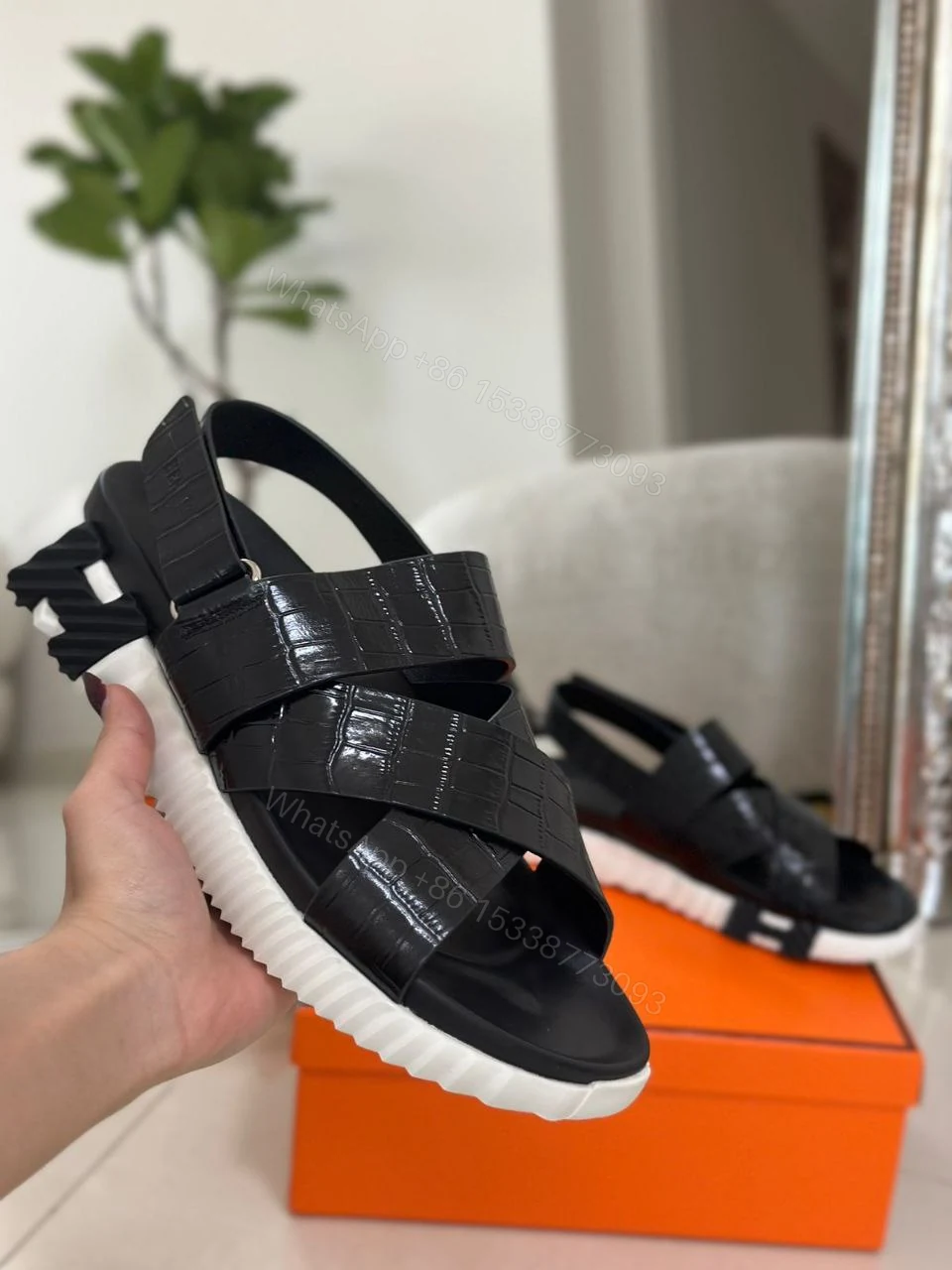 View 3 of Design Hermes Black Leather Electric Flat Sandals