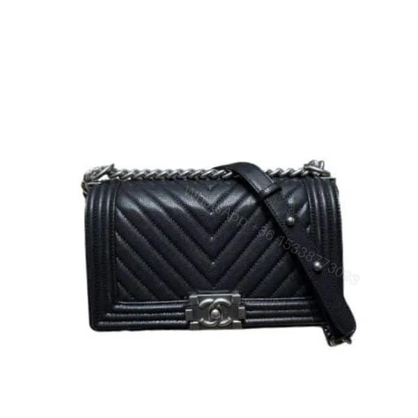 Chanel Boy Caviar Chevron Quilted Flap Bag Black 25Cm — view 1