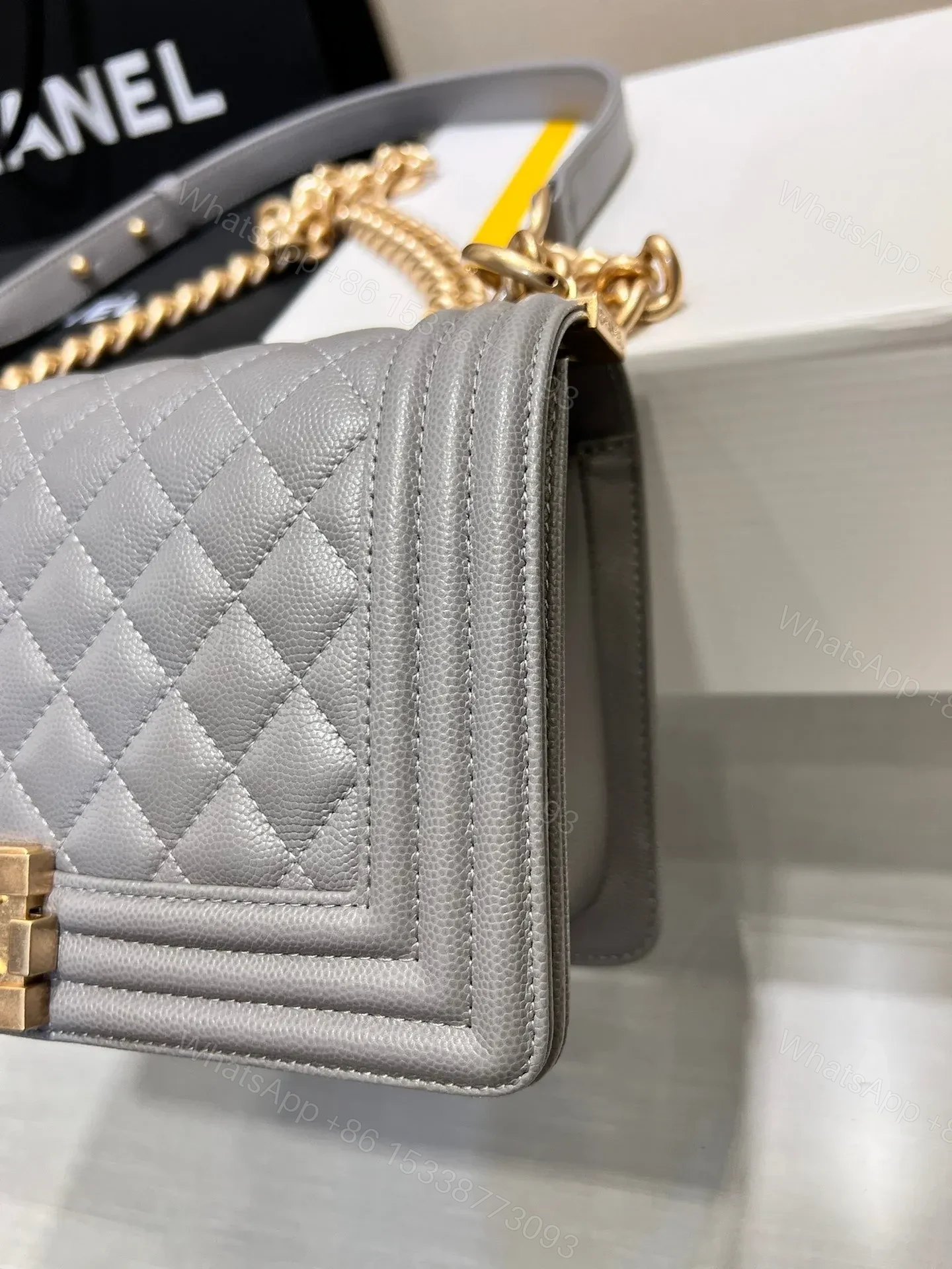 View 8 of CHANEL BOY BAG MEDIUM 25 GREY CAVIAR GOLD HARDWARE