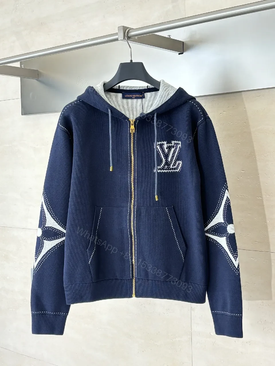 Navy Corduroy Zip Hoodie with Luxury Logo Accent — view 1
