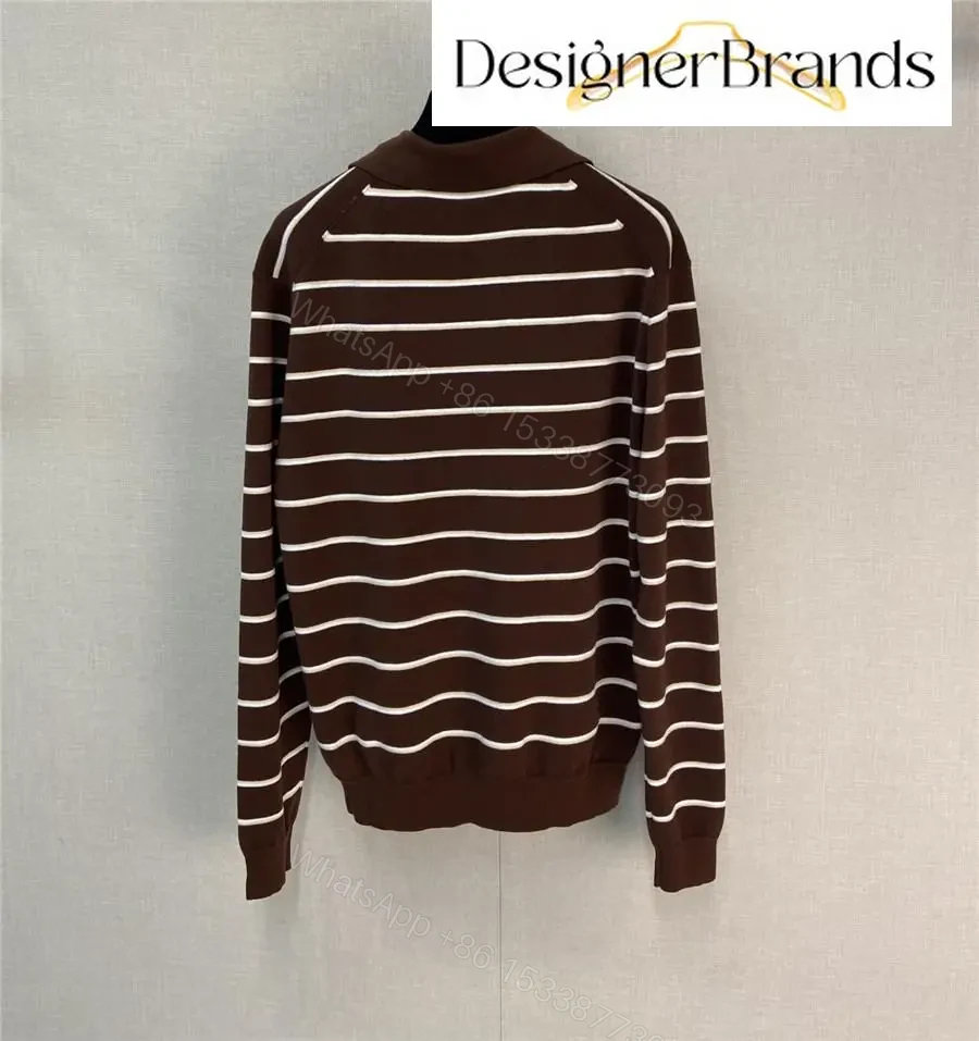 View 3 of Warm-Brown Ivory Striped Polo Knit: Lightweight, Structured Comfort
