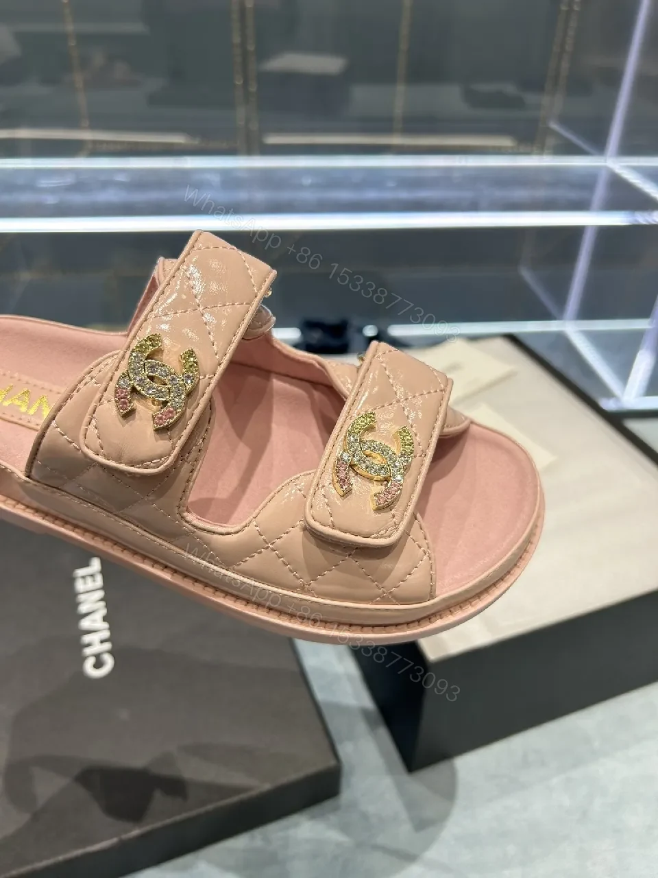 View 2 of Soft Pink Quilted Sandals with Crystal Straps - All-Day Comfort