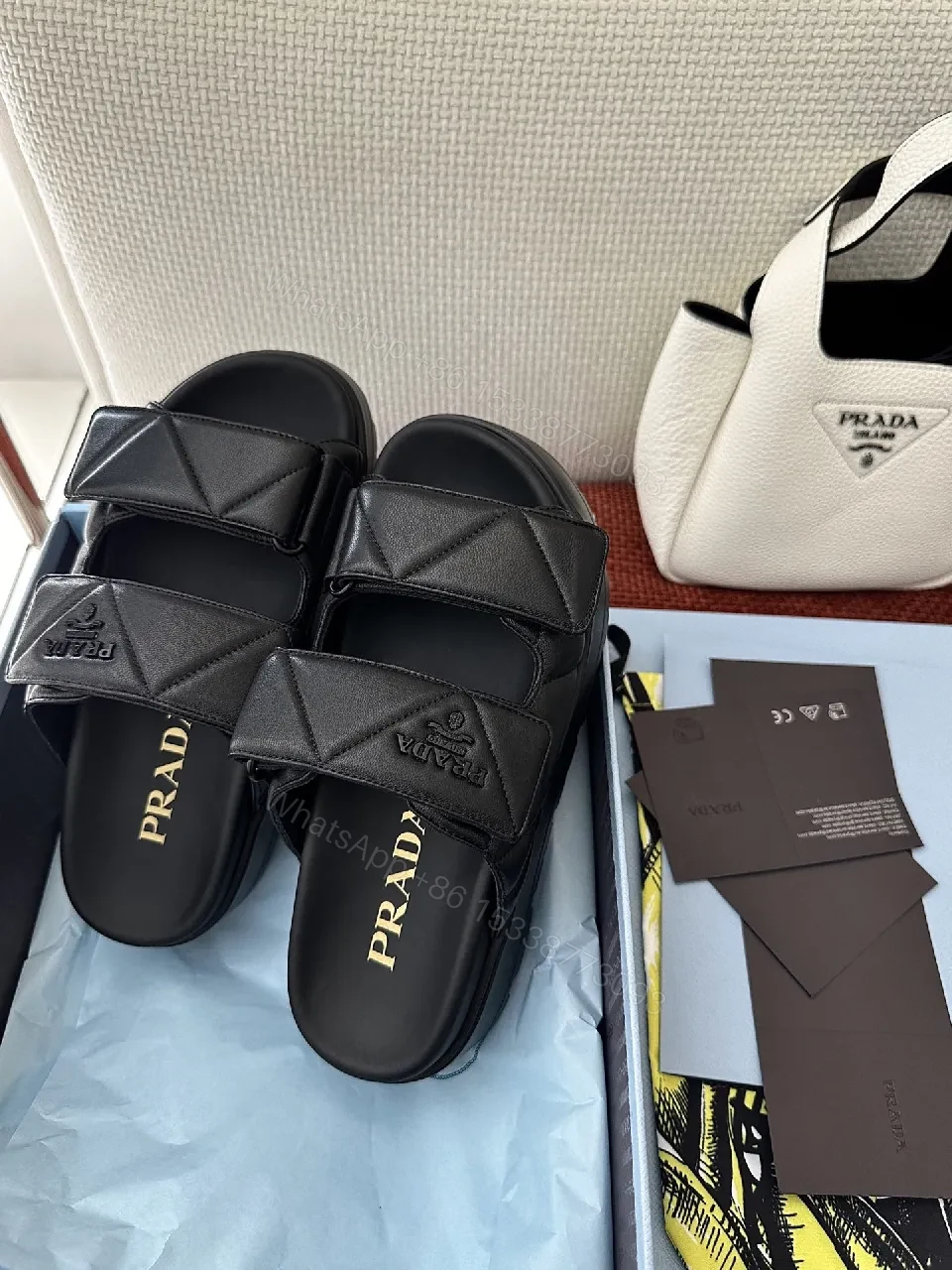 View 2 of Black Quilted Leather Slides | Structured Straps | All-Day Comfort