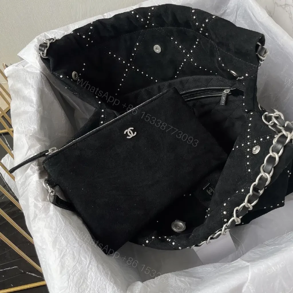 View 7 of Black Satin Quilted Bag with Diamond Stitching, Silver Chain Strap