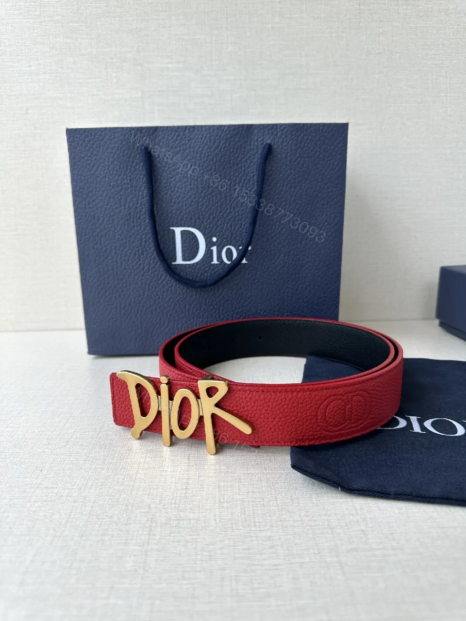 View 2 of Red Leather Belt with Silver Dior-Inspired Buckle