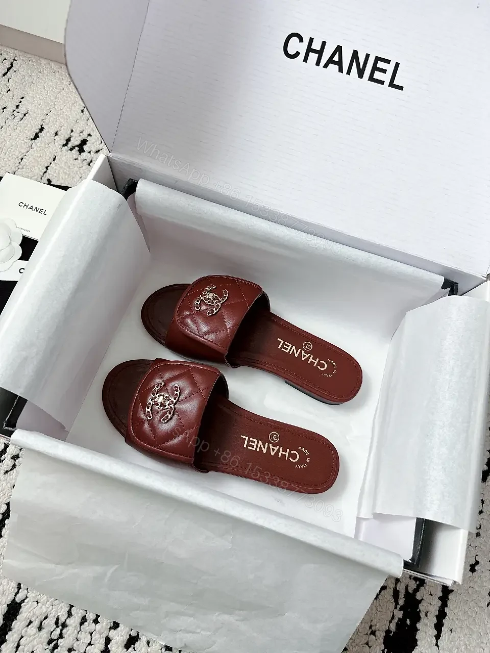 View 7 of Red Leather Chanel-Inspired Wide-Strap Slides: Luxe Everyday Elevation