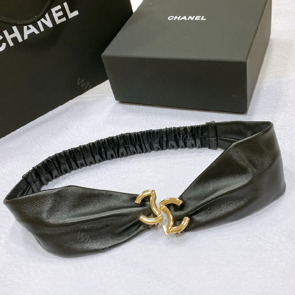 View 6 of Leather-Accent Headband with Gold Logo, Luxe Gathered Style