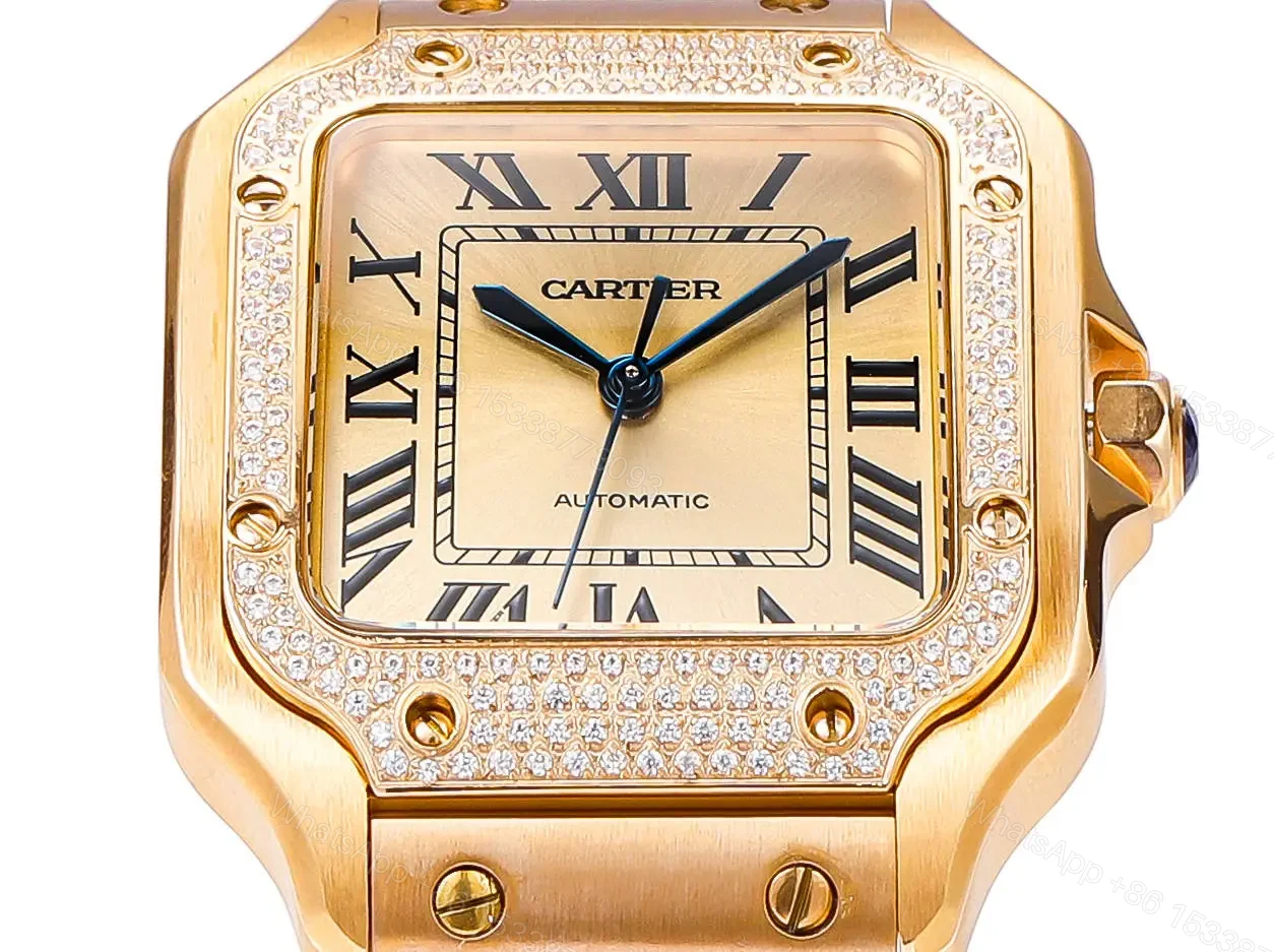 View 5 of Cartier super clone Santos Champagne Diamond Bezel Gold Bracelet 35MM Premium RG-CARTIER-SANTOS-CHAMP-DIA-BEZ-GOLD-35