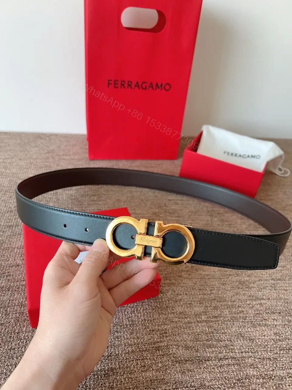 View 9 of Elegant Black Leather Belt with Gold Hardware