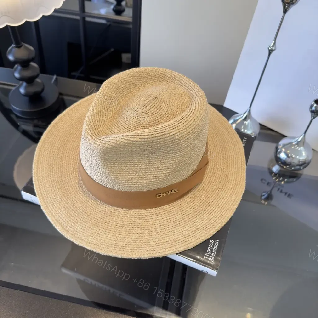 View 11 of Light Beige Straw Fedora-Boater Hat with Ribbon CHANEL Logo