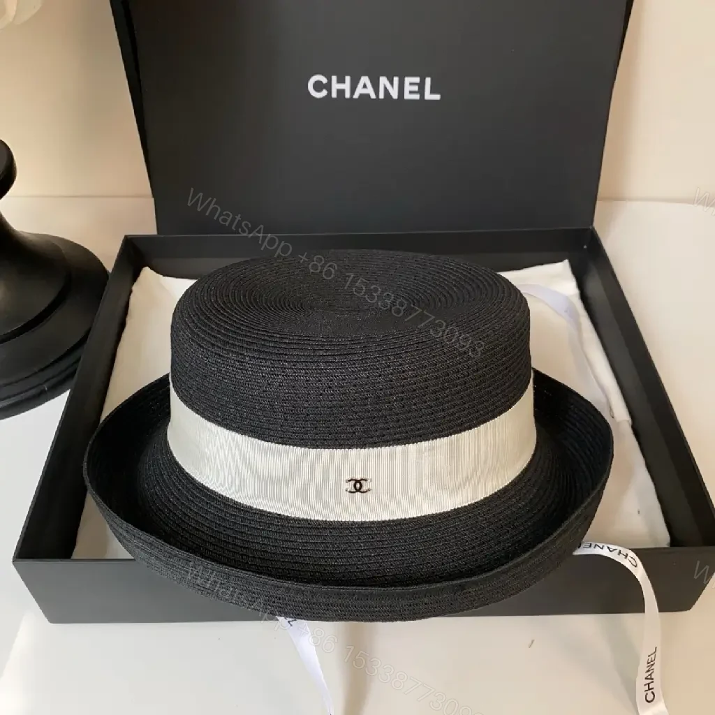 View 8 of Black Straw Fedora Hat with Beige Band Chanel Logo - Classic Style