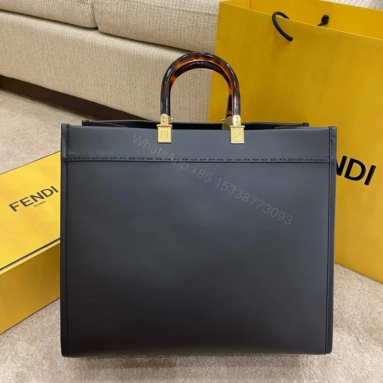 View 2 of Fendi Roma Tote: Structured Black Leather, Gold Hardware, Embossed Logo