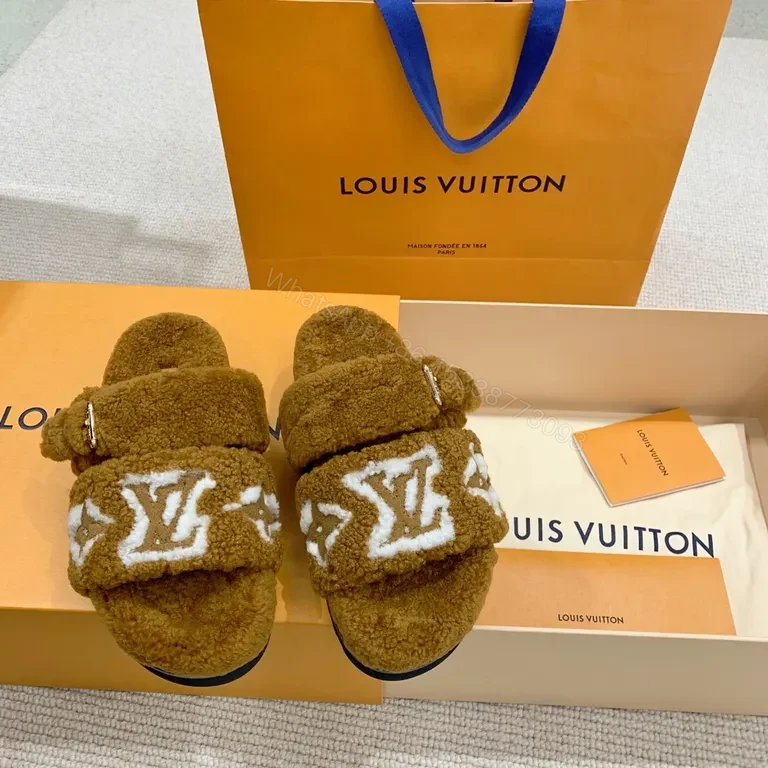 View 9 of Plush LV Monogram Fur Slides â€“ All-Day Luxury Comfort