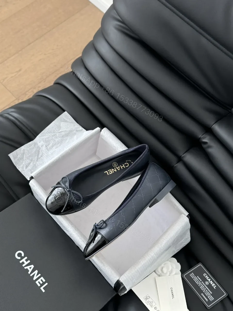 View 2 of Navy Velvet Ballet Flats with Logo Bow – Luxe Comfort