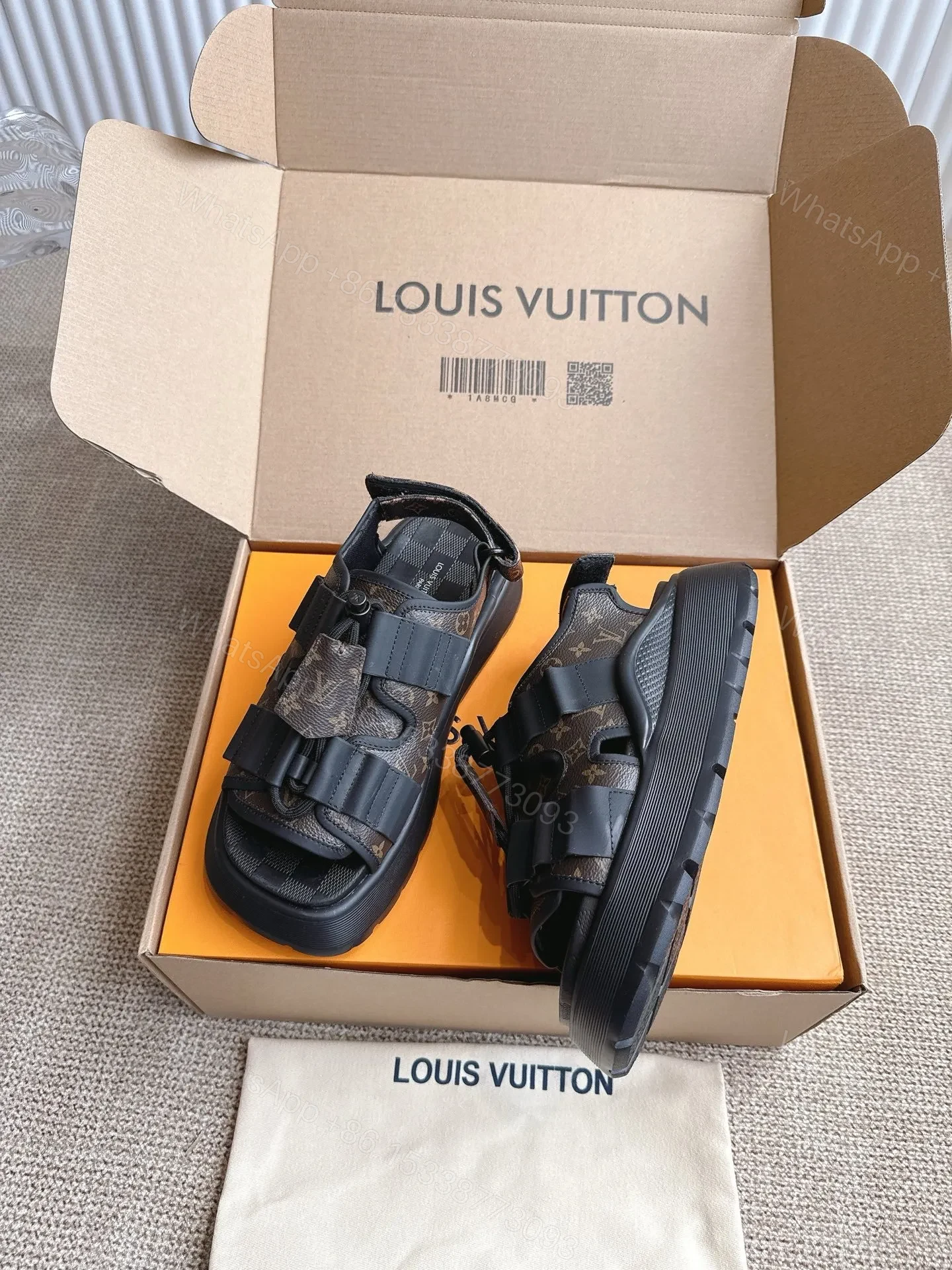 View 4 of LV Women Brown Leather Patterned Sandals