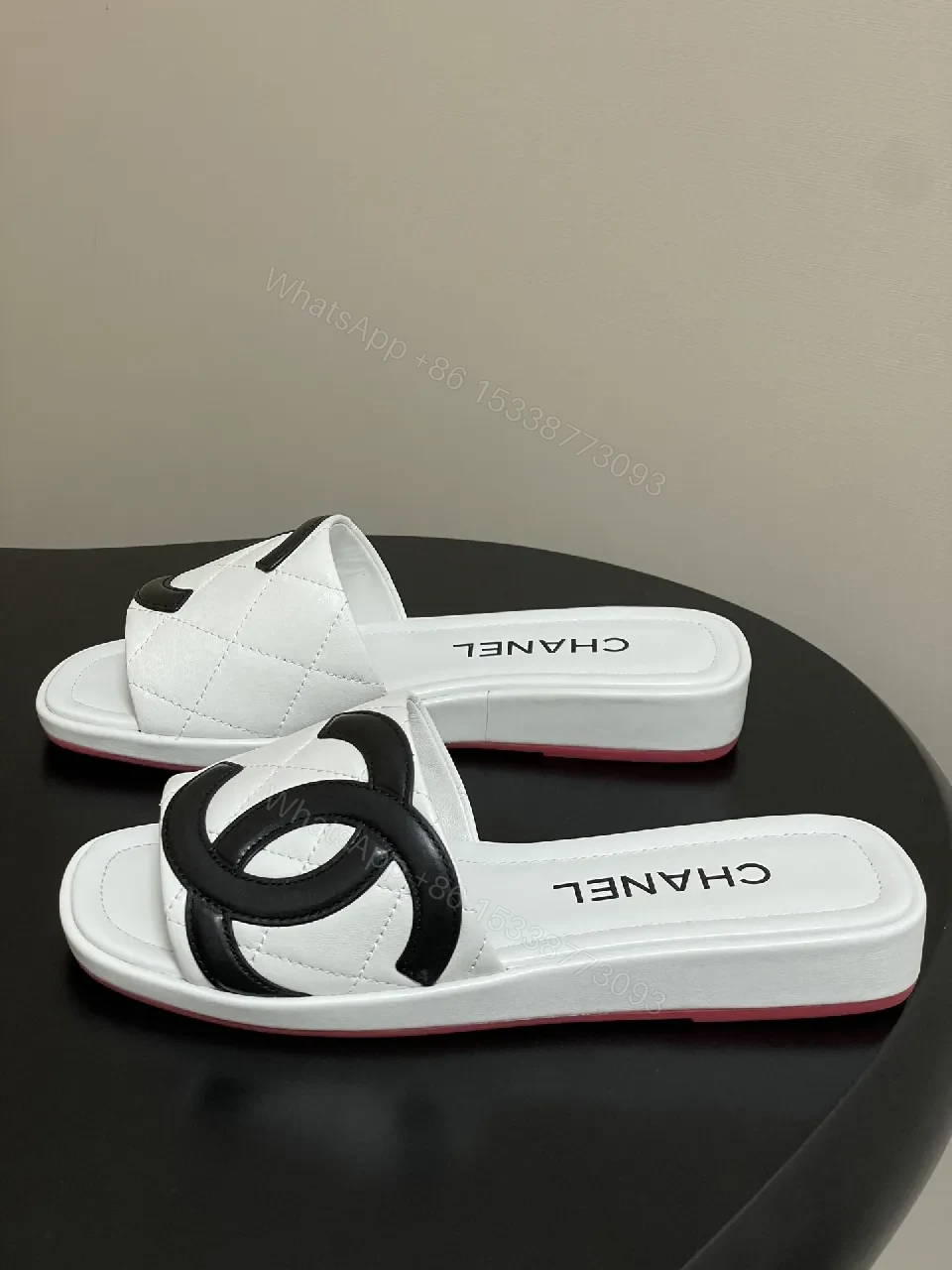 View 7 of White Quilted Leather Slide with Interlocking Logo, Premium Comfort