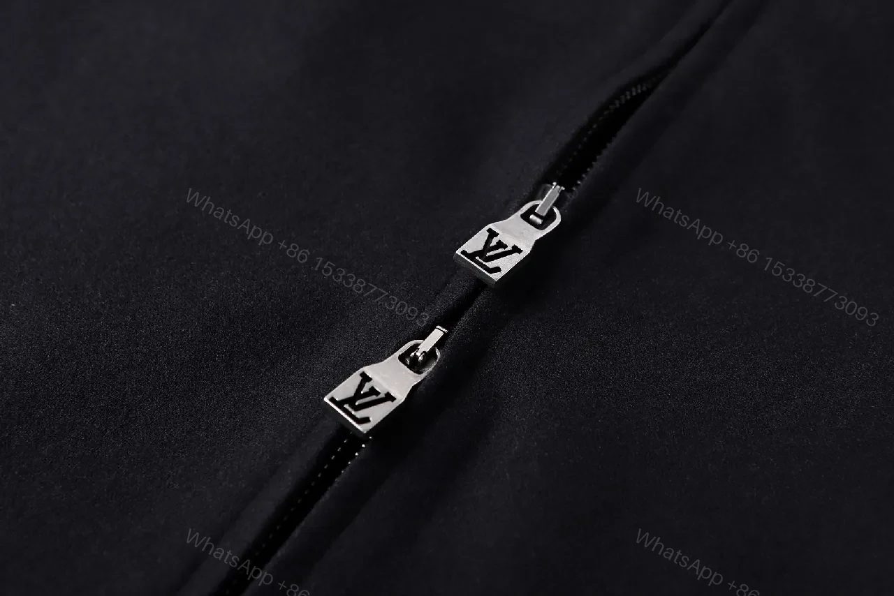 View 8 of Black Cotton Zip Hoodie with Subtle Monogram Embroidery