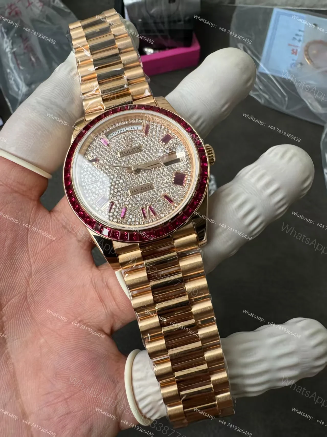 View 8 of Rolex Day-Date 228398TRU 1:1 Custom Edition Ruby & Moissanite Diamond Dial and Bezel 40MM 3255 Movement Super Clone Watch