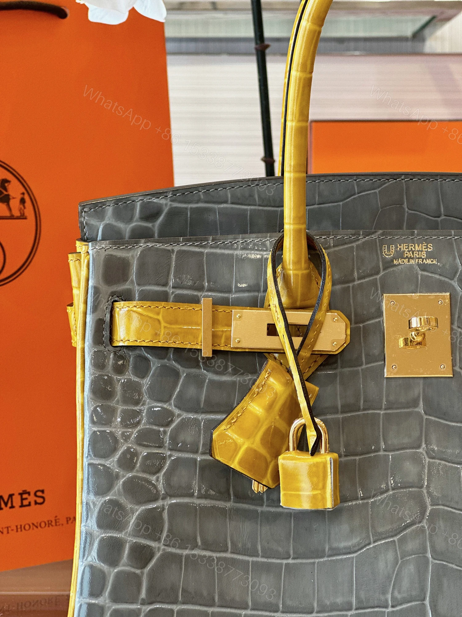 View 7 of Hermes Birkin 30 Gray/Gold Genuine Crocodile Leather Gold Hardware – Custom Made