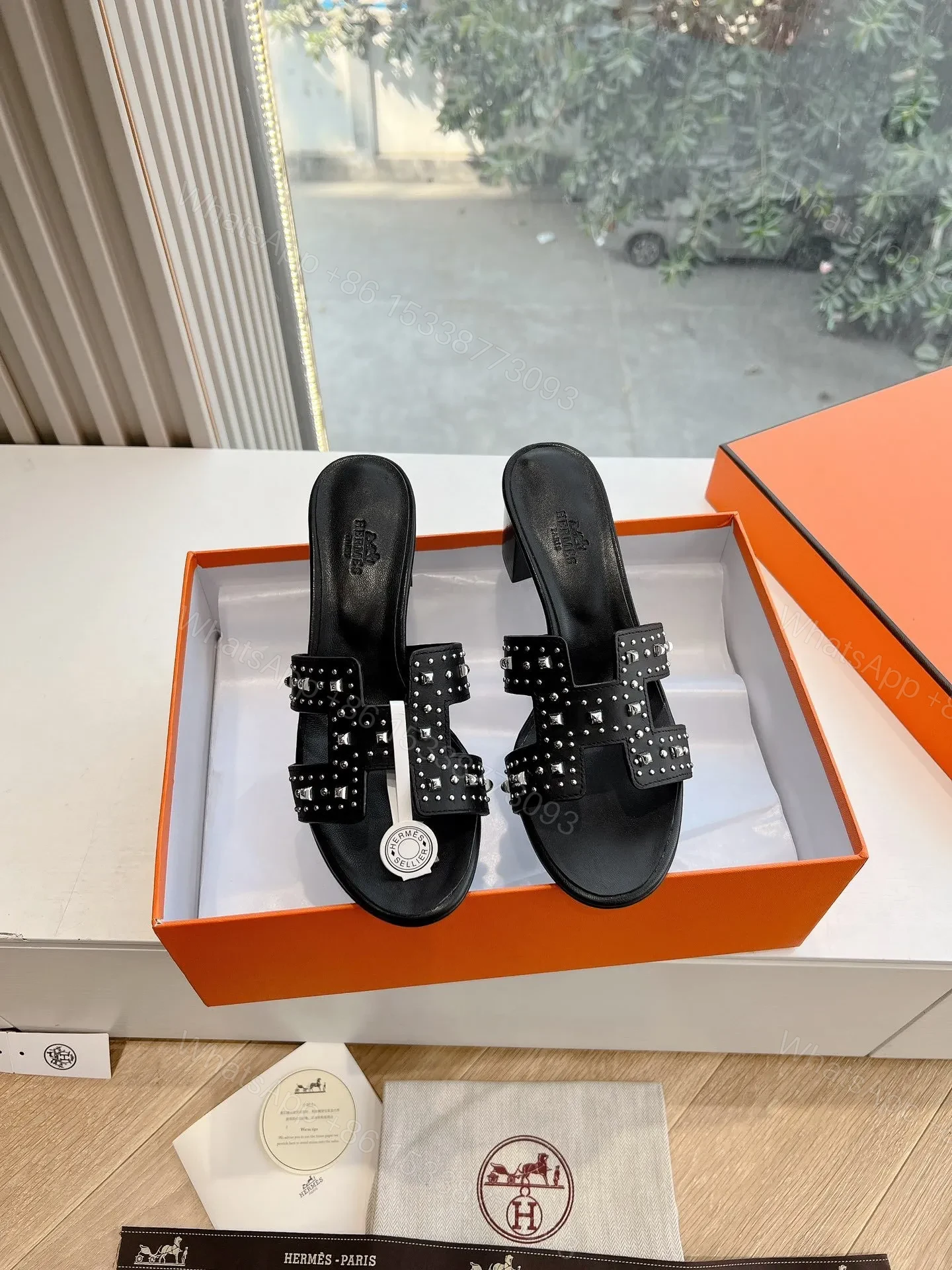 View 3 of Hermes Women Black Leather Studded Mules