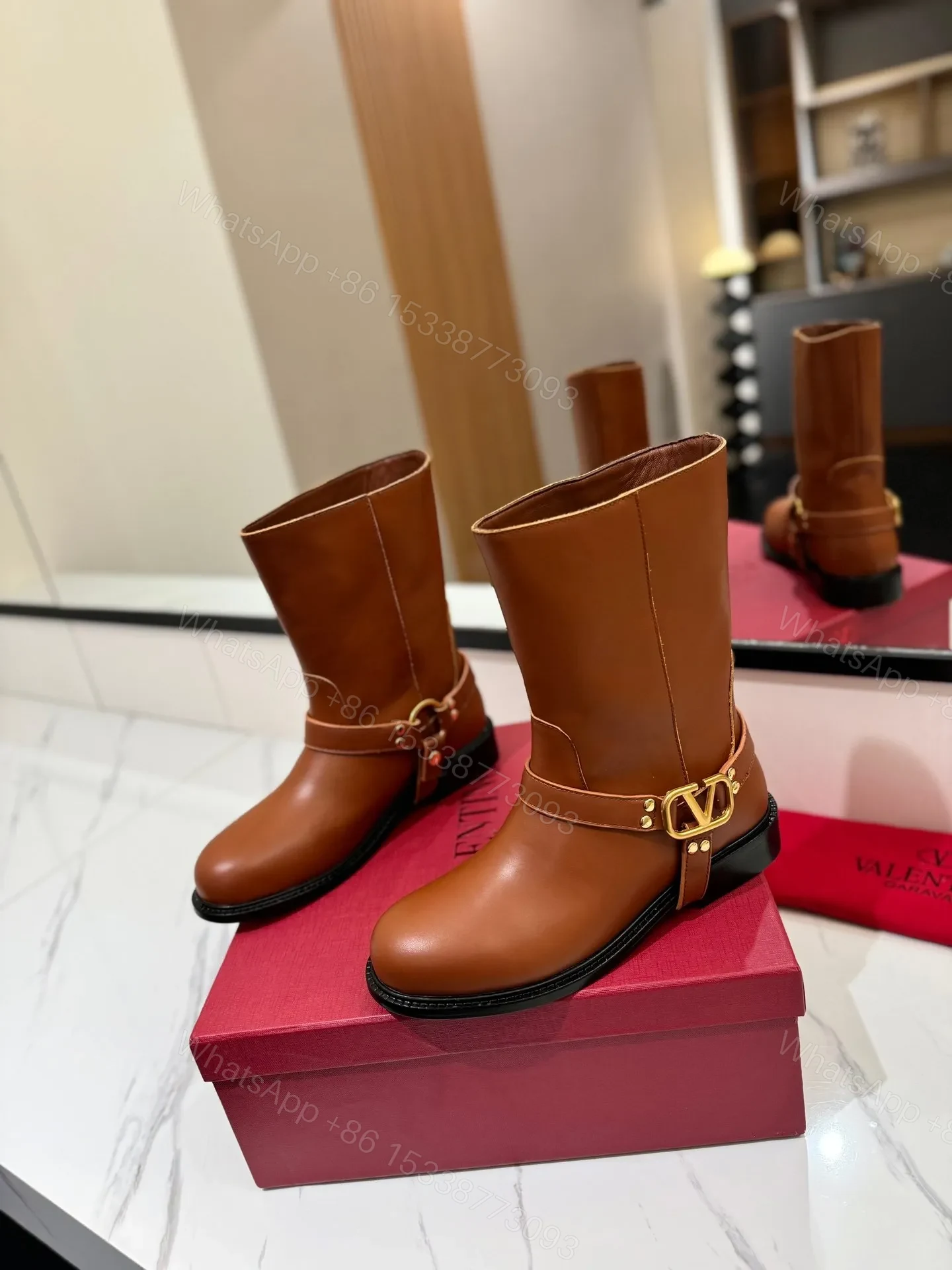 View 3 of Valentino Women Brown Leather Mid-Calf Boots