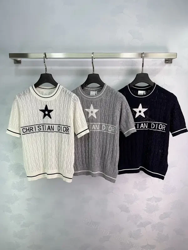 White/Gray/Black Knit Short-Sleeve with Star Logo, Cable Knit, Dior Banner — view 1
