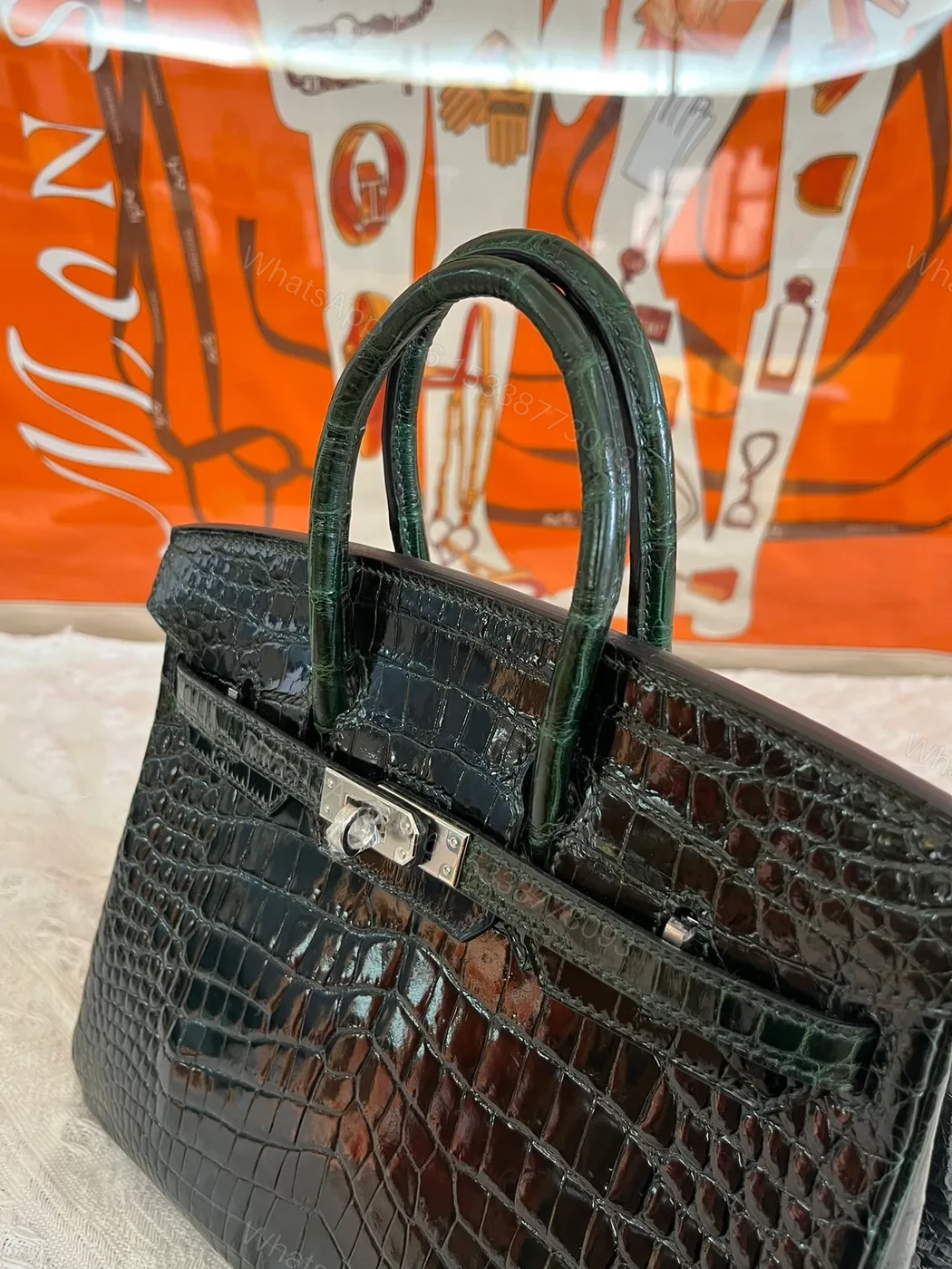 View 4 of Hermes Birkin 25cm Emerald Green Crocodile Leather Silver Hardware