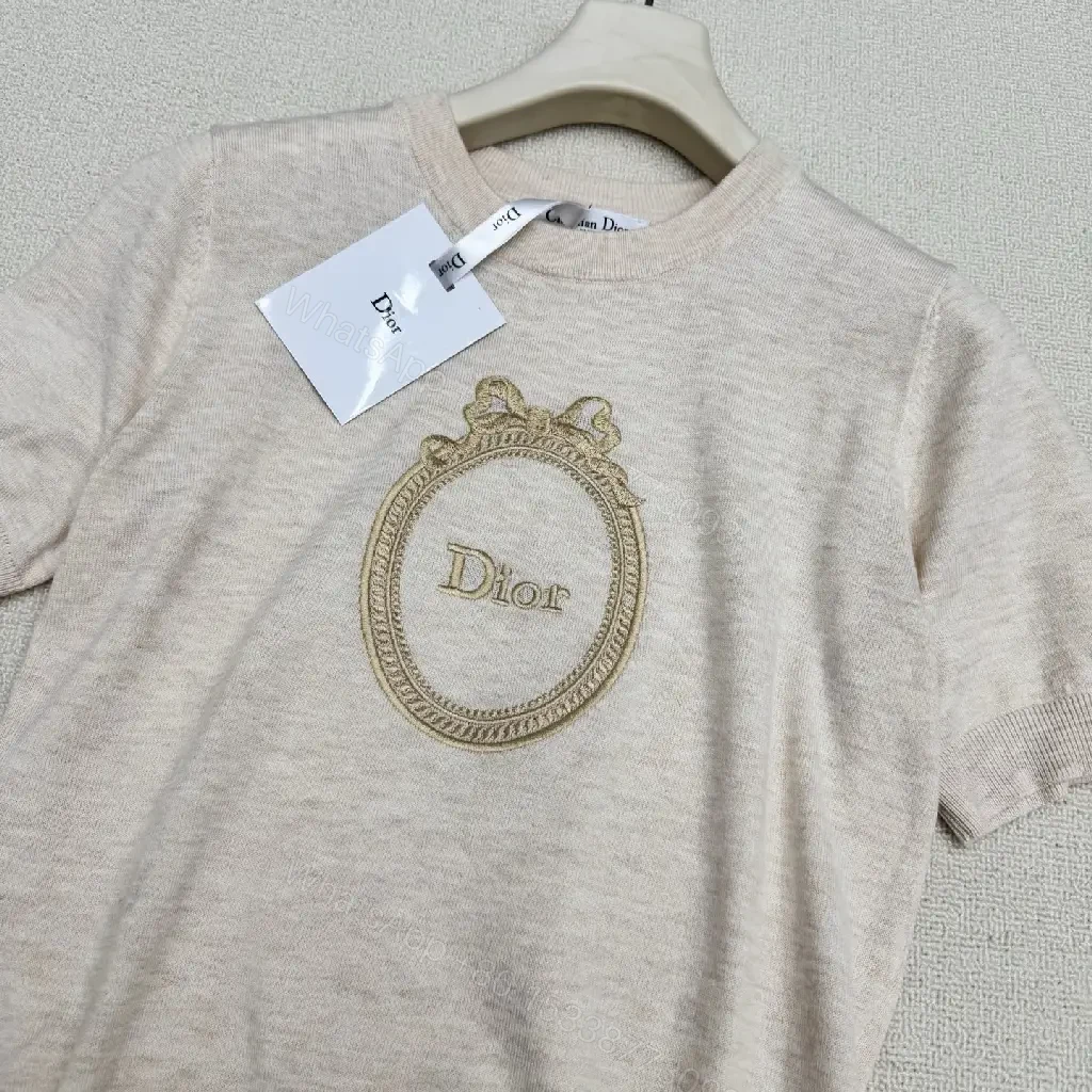 View 6 of Beige Cotton Knit Tee with Gold Crest Emblem