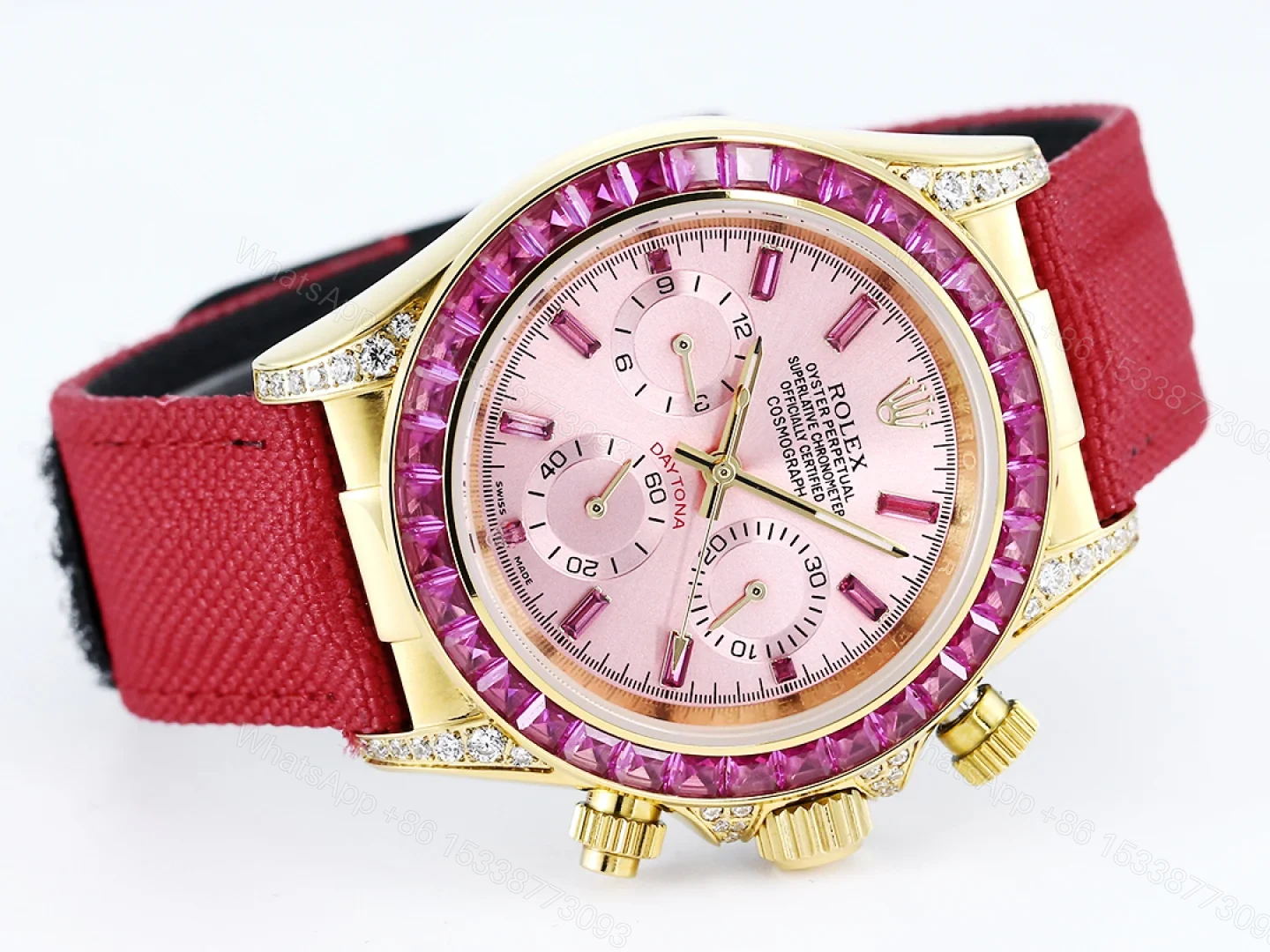 View 3 of Rolex Daytona Pink Ruby Red Strap Replica 43MM Exclusive Gold Case Edition RG-ROLEX-DAYTONA-PINK-RUBY-RED-43
