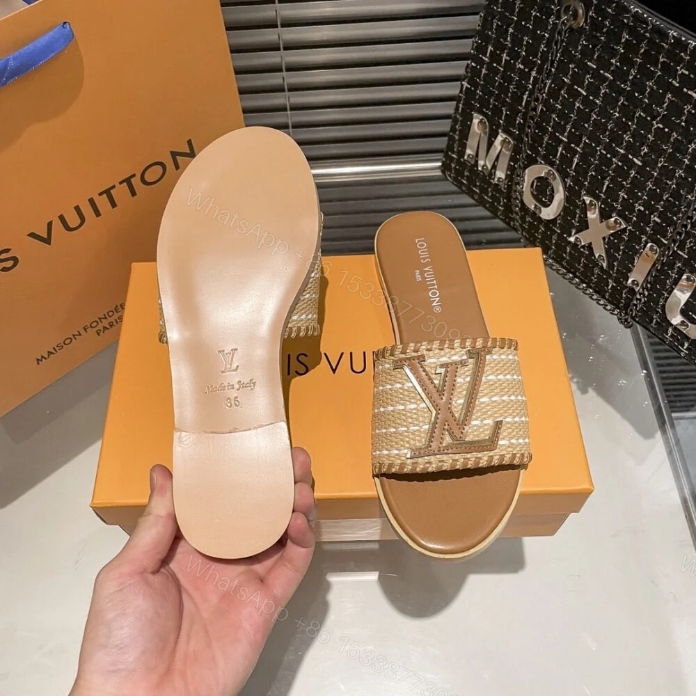 View 6 of Louis Vuitton Lock It Flat Raffia Mules Brown