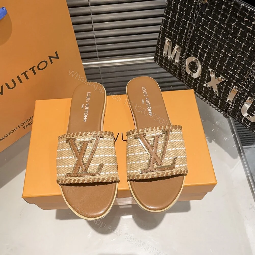 View 2 of Louis Vuitton Lock It Flat Raffia Mules Brown