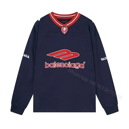 View 2 of Balenciaga Clothes 3B Silhouette Ribbed V-Neck Embroidered & Printed Long-Sleeve T-Shirt Black/Blue
