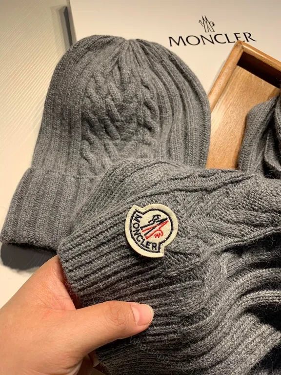 View 3 of Grey Wool-Blend Moncler Knit Beanie & Scarf Set