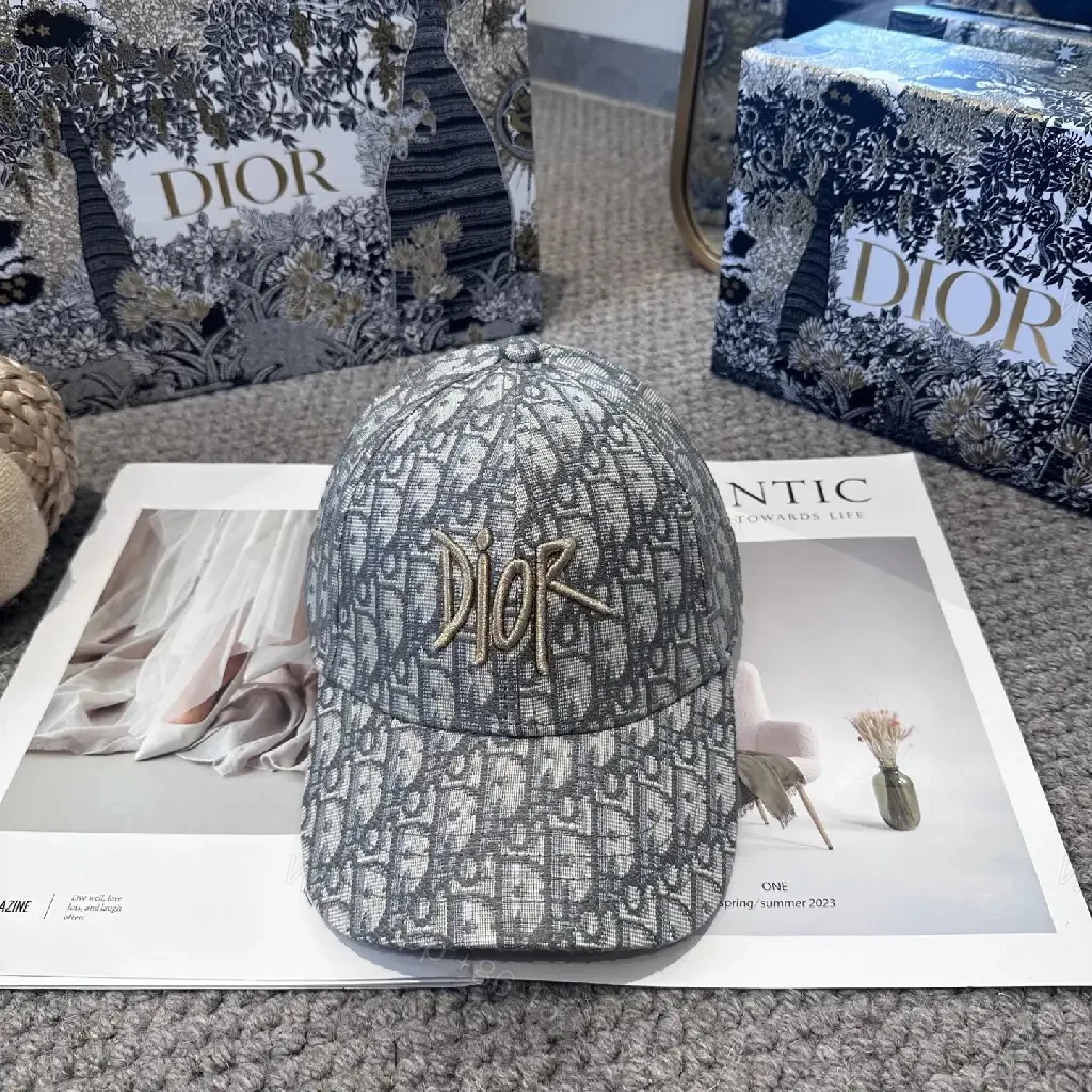 View 3 of Gray Monogram Textured Cap with Gold Dior Embellishment