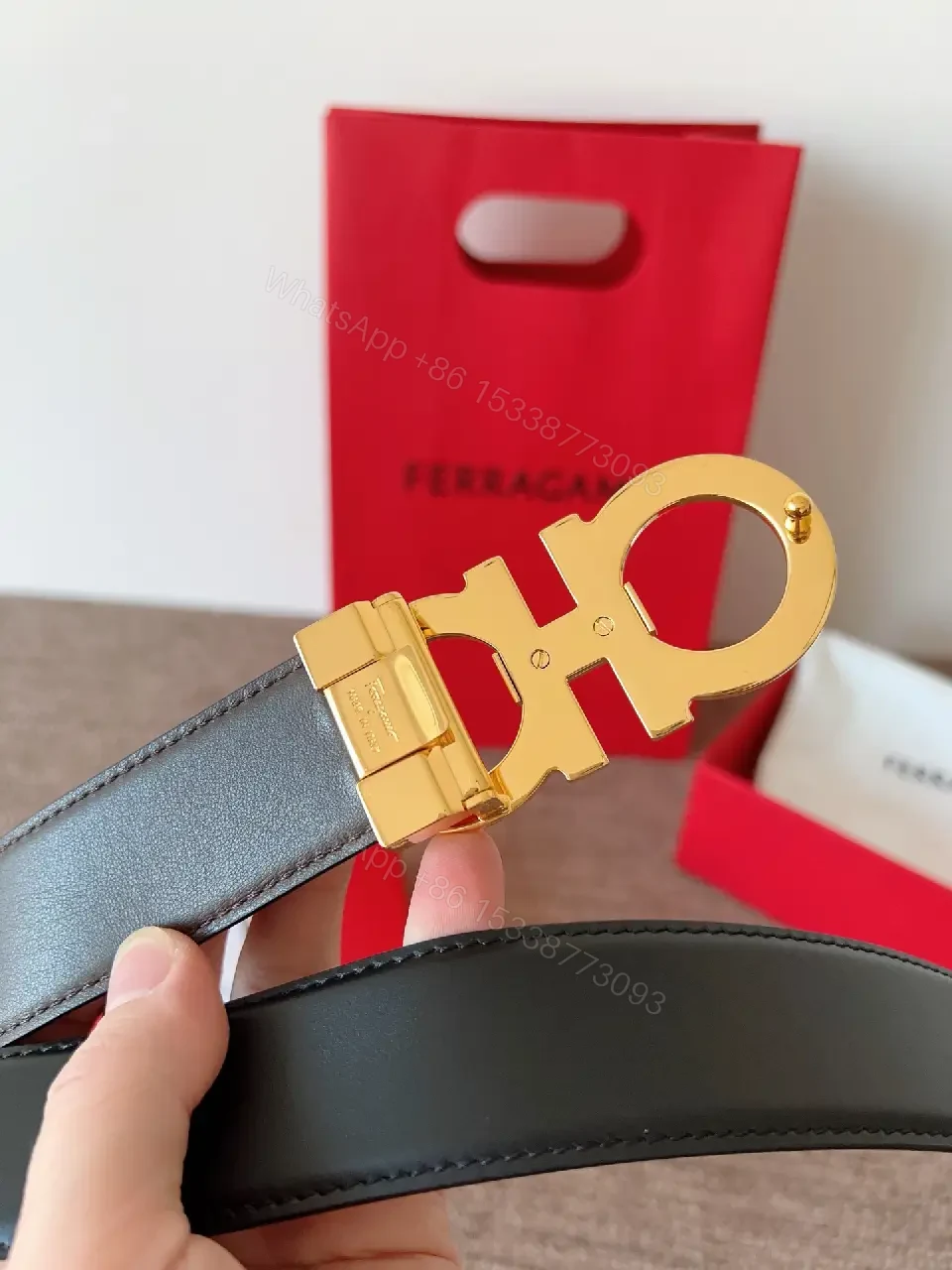View 8 of Elegant Black Leather Belt with Gold Hardware