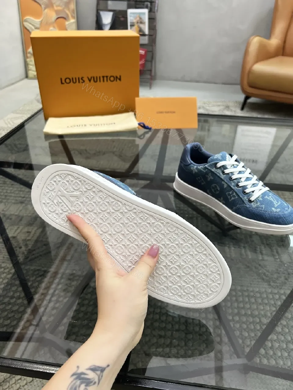 View 5 of Denim-Textured Luxury Sneakers with Monogram Embroidery