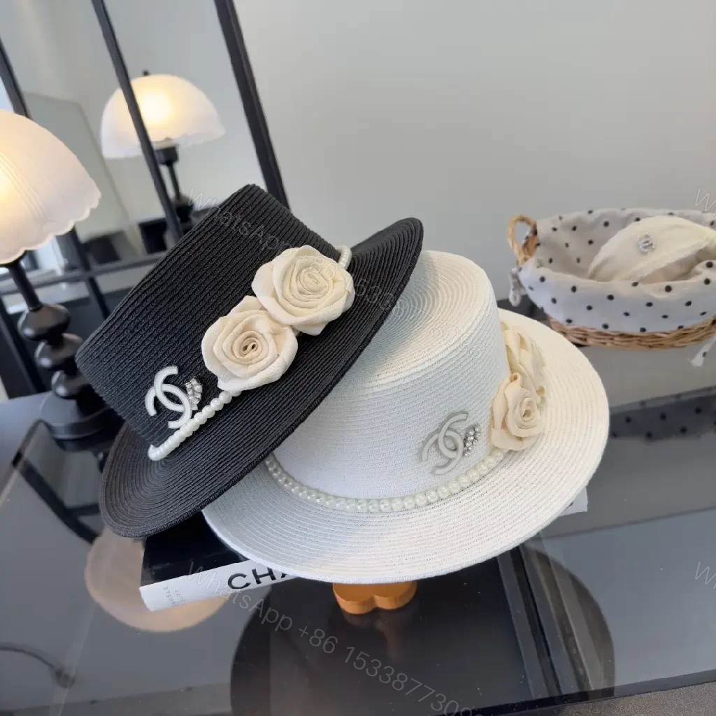 View 4 of White Straw Hat, Elegant Chic Fedora, Pearl Band, Roses, Chanel Charm, Wide-Brimmed Hat