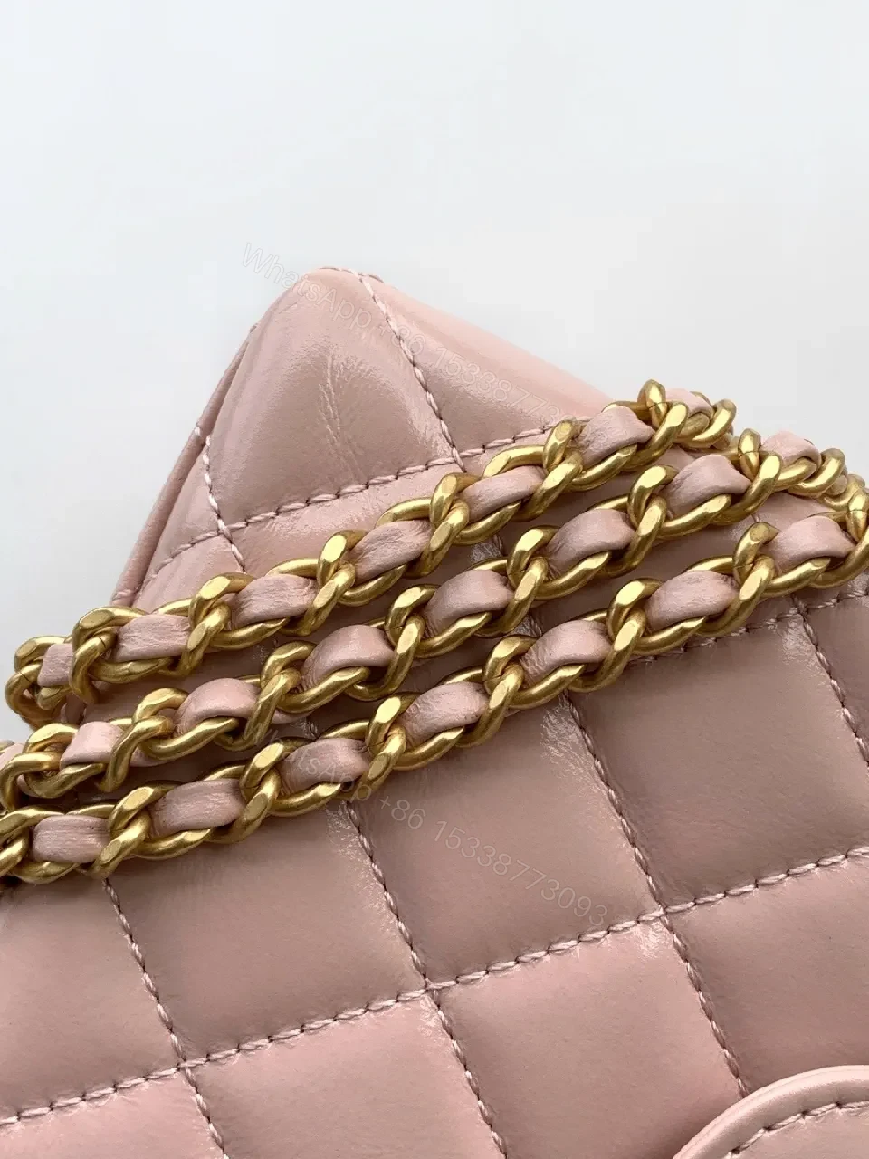 View 5 of Soft Pink Leather Quilted Mini Bag with Gold Hardware