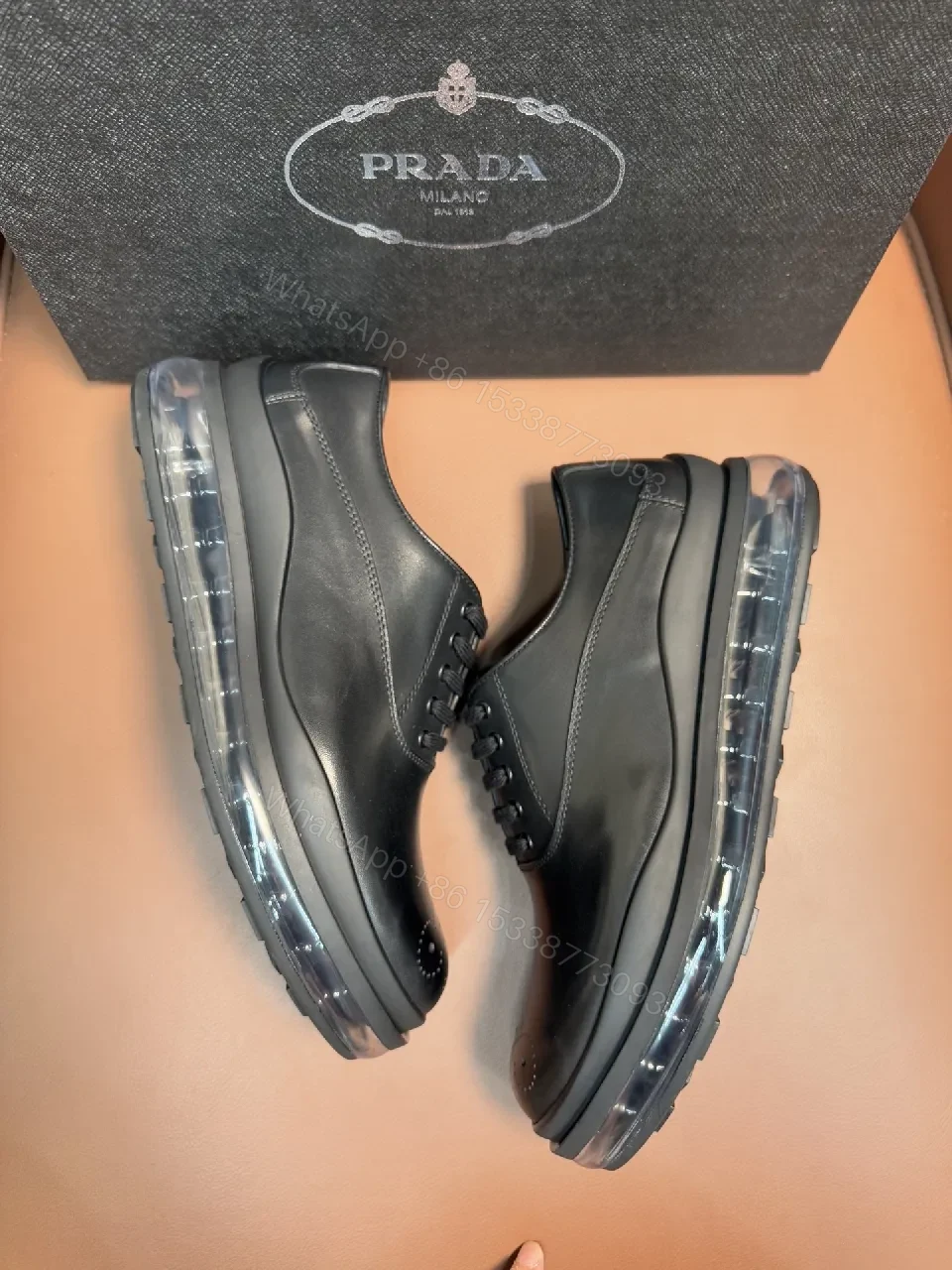View 4 of Black Leather Lace-Ups with Translucent Sole, Minimalist Futuristic Style, Premium Workday Shoe