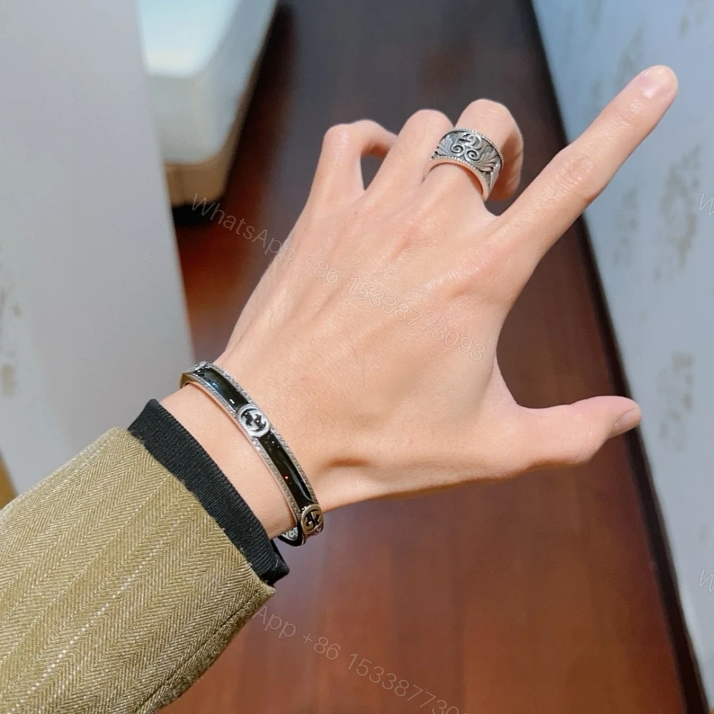 View 6 of GUCCI CUFF BRACELET INTERLOCKING GG STERLING SILVER BLACK ENAMEL