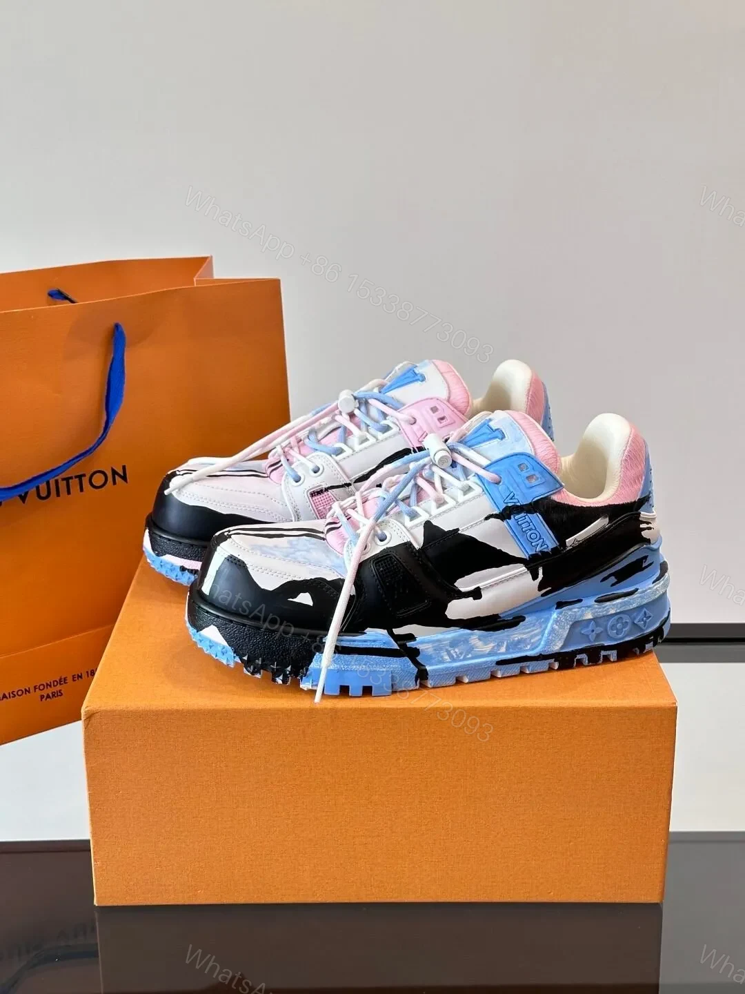 View 3 of LV Men Blue Pink Black Leather Sneakers