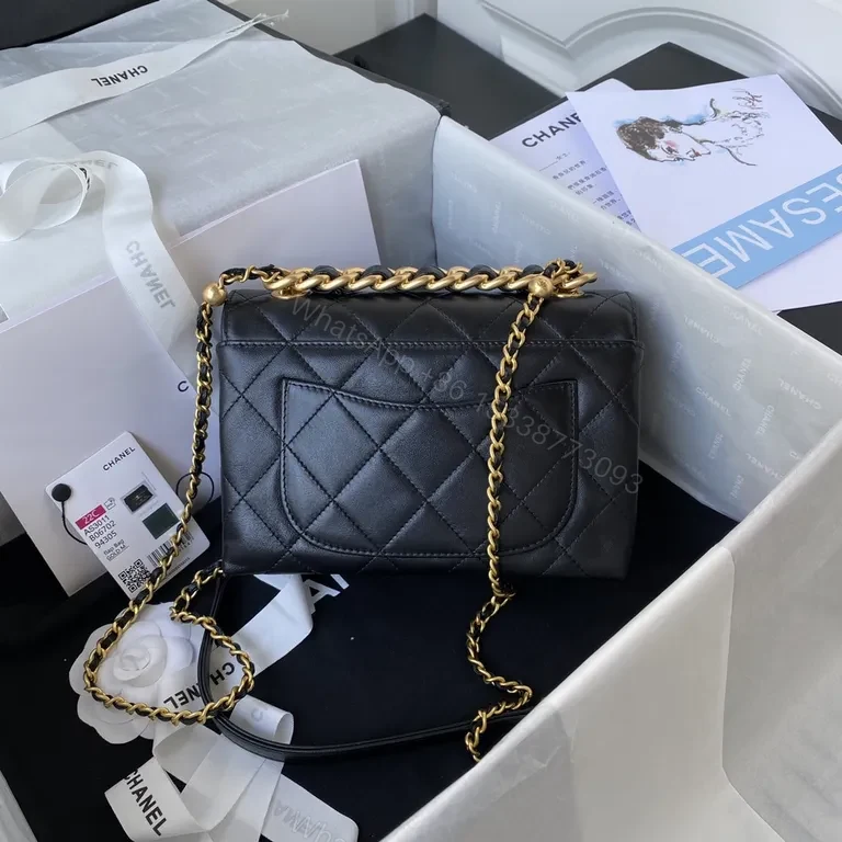 View 4 of Quilted Noir Lambskin Flap Bag with Gold Chain