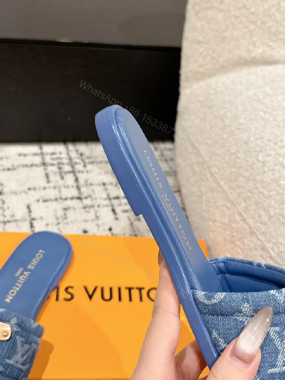 View 3 of Denim Monogram Slide with Gold Plaque: Modern Luxe Comfort